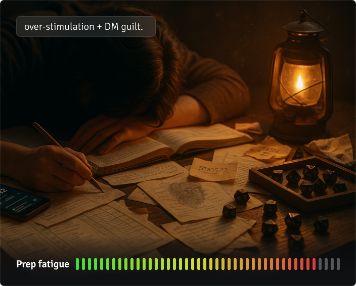 DM Prep Fatigue with Laptop and Notes